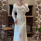 Ivory White Vintage Off‑the‑Shoulder Wedding Gown, Twist Tulle Neck Floral Lace Long Sleeve Lace Fringe Chiffon A‑Line Bridal Dress gh9073