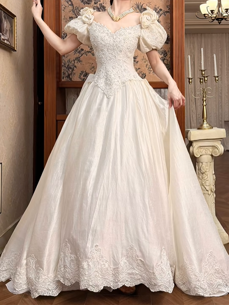 Cream Vintage Satin Ball Gown, Sweetheart Neck Puff Short Sleeves With 3D Floral Accents, Heavy Lace Beaded Appliqué Pointed Waist, Voluminous Full Skirt With Scalloped Lace Hem, Wedding Prom Dress gh8637