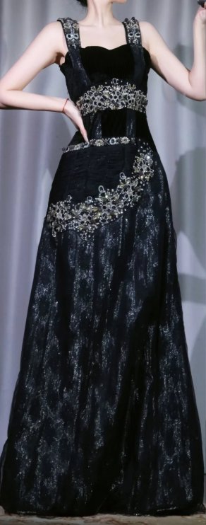 Square Neck Black Vintage Evening Dress, Wide Strap Silver Rhinestone Beaded Sparkly Tulle A-Line Formal Gown gh9896