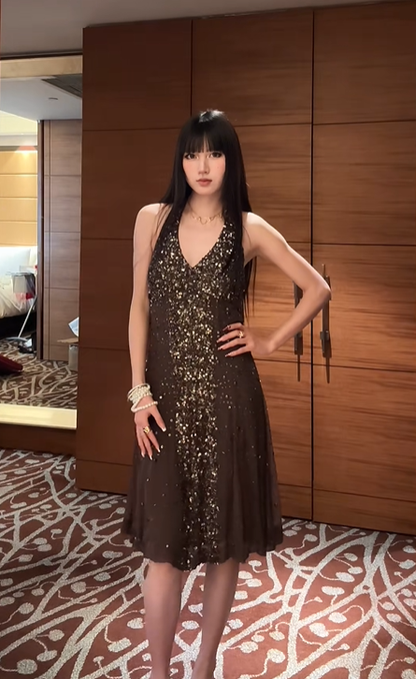 Dark Brown Vintage Sequin Halter Fitted Waist Luxury Prom & Evening Party Dress gh8395