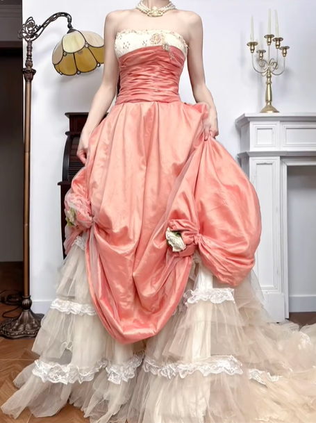 Peach Pink Vintage Strapless Ruched‑Waist 3D‑Floral Tiered‑Tulle Long Prom Gown gh8780