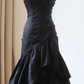 Black Strapless Satin Midi Homecoming Dress Sweetheart Neck Ruffled Mermaid Cocktail Gown gh9393
