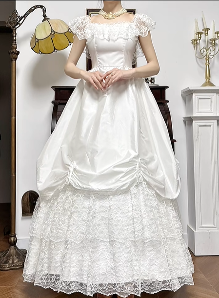 Ivory Vintage Satin Wedding Gown, Square Neck With Lace Flutter Sleeves, Fitted Waist, Outer Ruched Bow Satin Over‑Skirt, Inner Multi‑Tier Lace Cake Layered Long Skirt, Bridal Prom Dress gh8756
