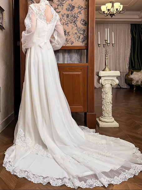 Ivory Vintage Organza Wedding Gown, Sheer Lace High Neck Over Sweetheart Neck, Puff Long Sleeves With Lace Cuffs, Lace Appliqué Waist, A‑Line Long Train With Lace Hem, Prom Dress gh8644