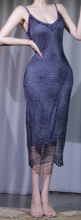 ✨Girlhomeshops-Dusty Purple Hand Beaded Fringe Spaghetti Strap Midi Prom Party Dress gh10029