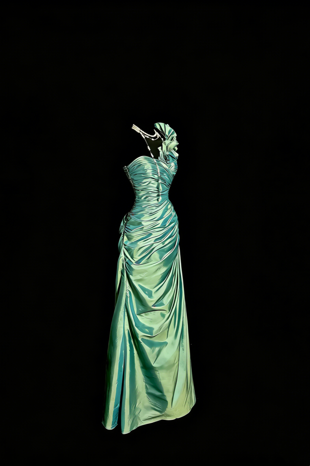 Mintgrünes One-Shoulder-Kleid aus Satin mit Rüschen gh7096