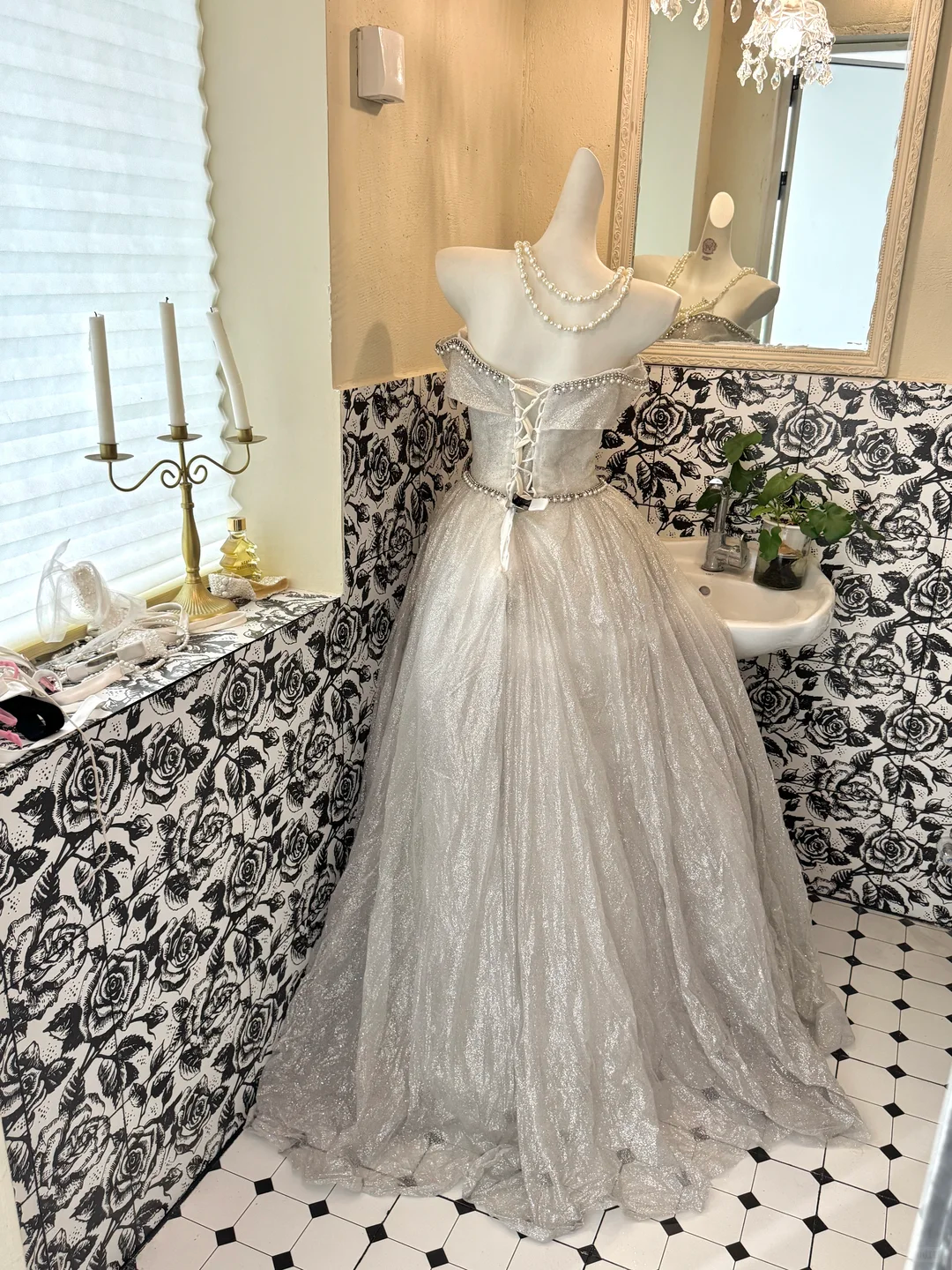 Light Gray Strapless Waist-Cinched Full Flared Long Luxury Romantic Dress, Wedding Gown gh7687