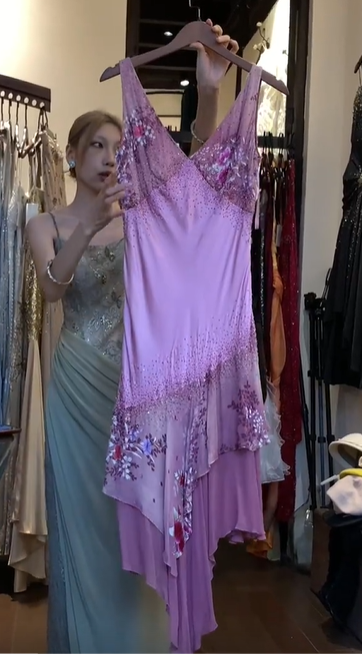 Wide Strap Lavender Prom Dress V Neck Hand Beaded Floral Print Asymmetrical Ruffle Formal Evening Gown gh9820