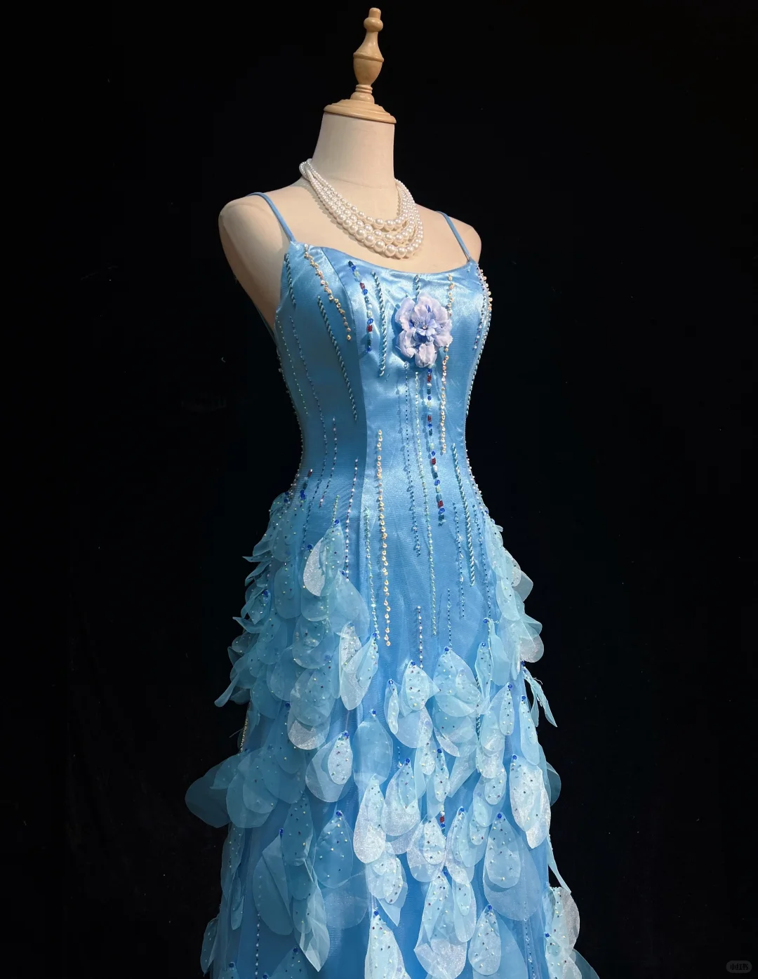 Light Blue Square Neck Prom Dress Spaghetti Straps 3D Petal Tulle Beaded Formal Dress gh9546
