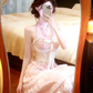 Pink Halter Neck Lace Evening Gown, Bow Detail Tiered Ruffle Plaid‑Texture Cake Skirt Prom Dress gh9130