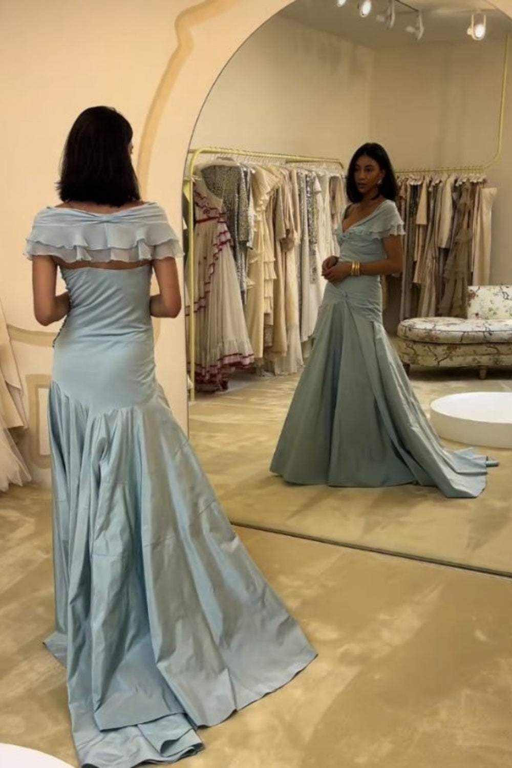 Elegantes langes blaues Satinkleid gh6866