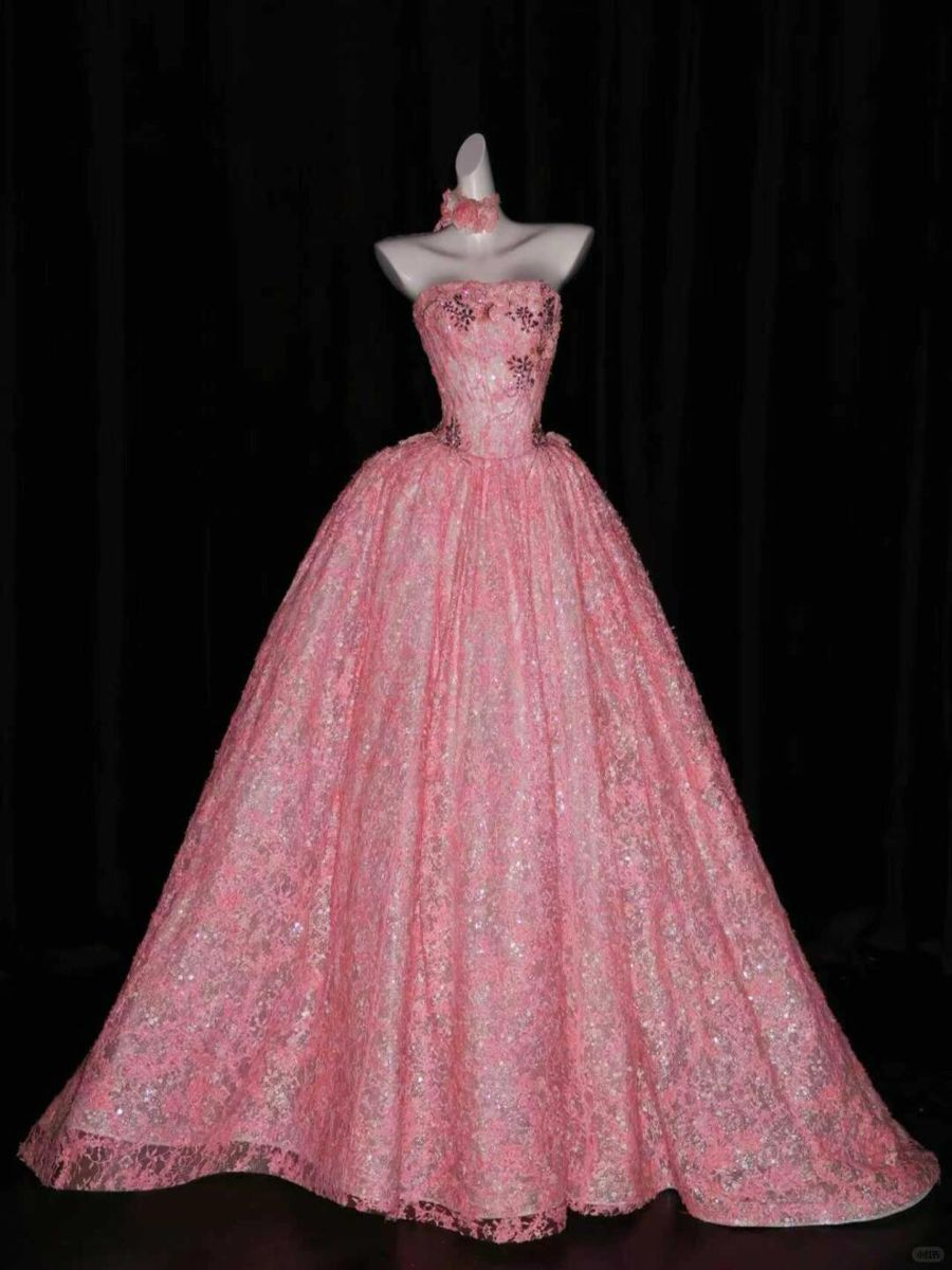 ✨Girlhomeshops-Pink Lace Strapless Ball Gown Prom Dress With Floral Choker gh10192