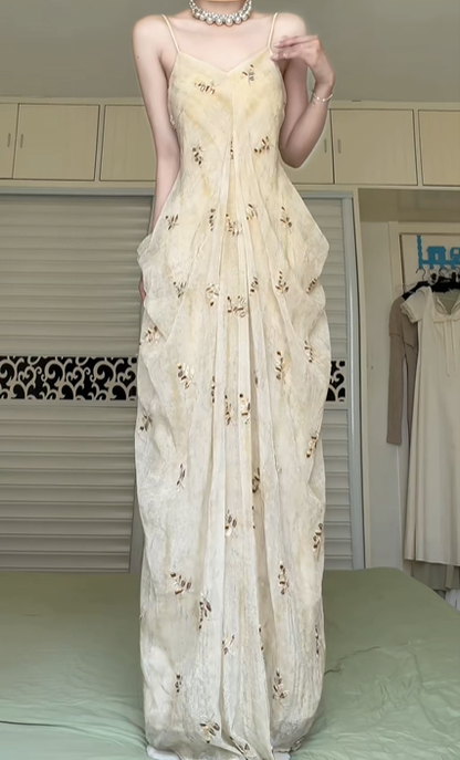 Light Apricot Spaghetti Strap Long Evening Gown, V‑Neck Gold‑Brown Leaf Embroidery Draped Pleated Floor‑Length Formal Prom Dress With Pockets gh8982