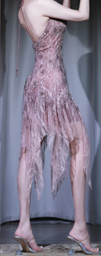 ✨Girlhomeshops-Spaghetti Strap Dusty Pink Beaded Lace Irregular Hem Evening Party Gown gh10042