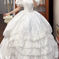White Vintage Satin Ball Gown Wedding Prom Dress, Square Neck Puff Short Sleeves, Ruffle Trim, Multi‑Tier Lace Cake Hem gh8701