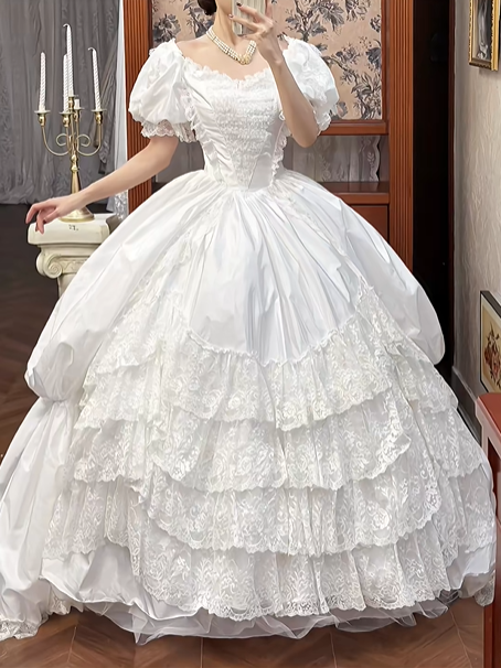 White Vintage Satin Ball Gown Wedding Prom Dress, Square Neck Puff Short Sleeves, Ruffle Trim, Multi‑Tier Lace Cake Hem gh8701