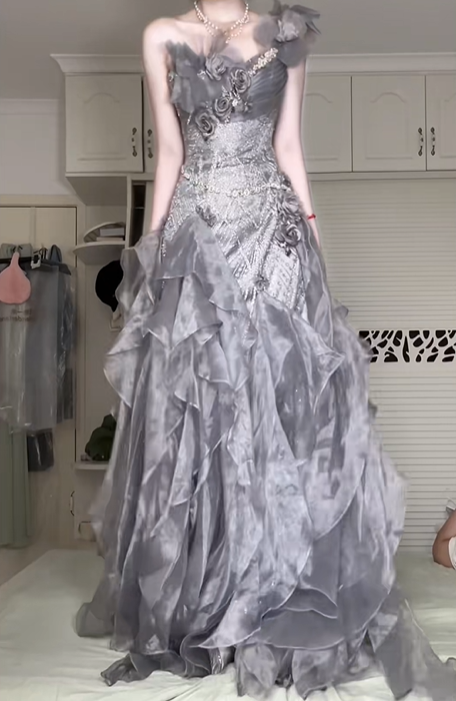 Silver‑Grey One‑Shoulder Evening Gown, 3D Floral Ruffled Shimmer Tulle Floor‑Length Prom Dress gh9053