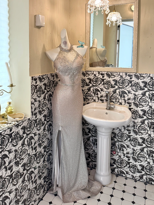 Light Grey Gradient Halter Silver Embellished Waist-Cinched Fitted Mermaid Sexy Romantic Dress, Wedding Gown gh7594