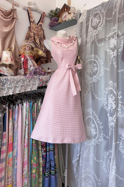 Elegant Vintage Pink Base White Polka Dot Sleeveless Fitted Waist Prom & Evening Party Dress gh8484