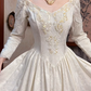 Cream Vintage Jacquard Satin Wedding Gown, V‑Neck Off‑The‑Shoulder Long Sleeves, Embroidered Appliqué Bodice, Pointed Waist, Voluminous Full Skirt, Prom Dress gh8639