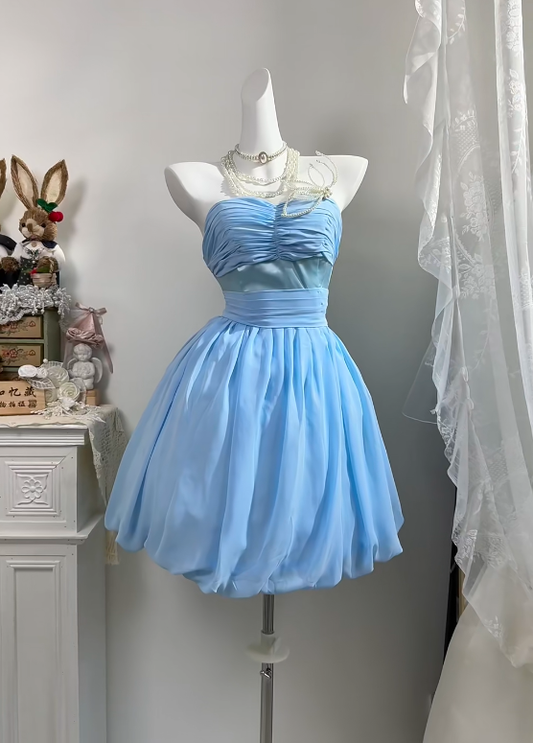 Light Blue Strapless Homecoming Dress Ruched Bodice Puff Bubble Skirt Short Cocktail Gown gh9402