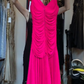 Hot Pink Spaghetti Strap Deep V Front Ruched Asymmetrical Tiered Ruffle Long Evening Prom Dress gh9789