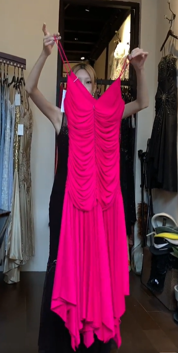 Hot Pink Spaghetti Strap Deep V Front Ruched Asymmetrical Tiered Ruffle Long Evening Prom Dress gh9789