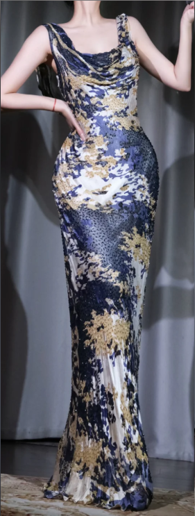 U Neck Cowl Sleeveless Mermaid Evening Dress, Blue Gold Oil Painting Print Full Sequin Formal Gown gh9901