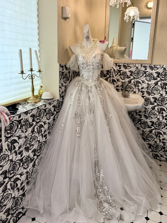 Ivory Off-the-Shoulder Gown with Silver Embellishments, Waist-Cinched Puffy Long Romantic Dress, Wedding Gown gh7539