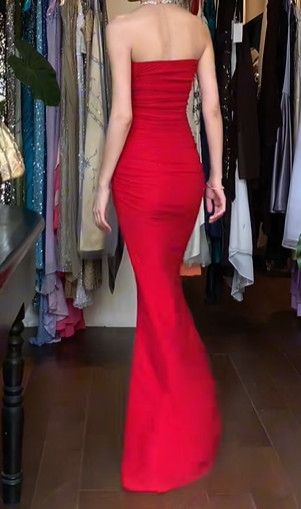 Red Vintage Prom Dress Strapless Tube Neck Ruched Bodice Sparkle Bodycon Mermaid Long Evening Gown gh9616