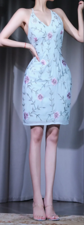 ✨Girlhomeshops-Halter Light Blue Floral Embroidered Short Bodycon Prom Dress gh10002