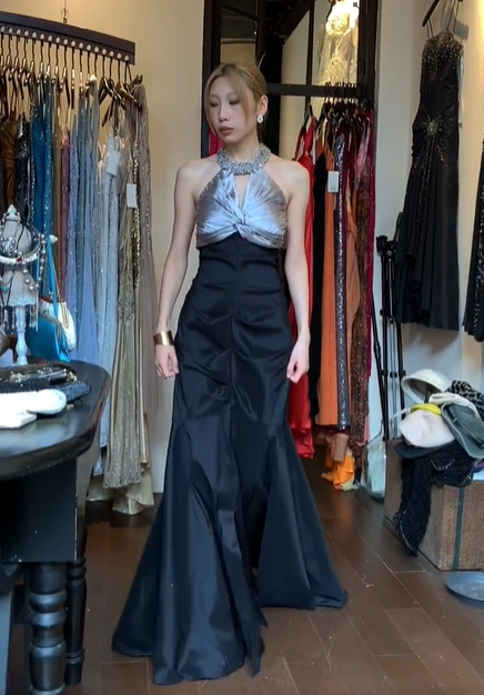 Halter Keyhole Neck Silver Black Two-Tone Satin Ruched Mermaid Long Evening Prom Dress gh9798