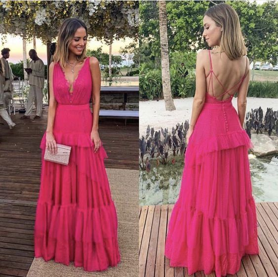 Rosa Elegante Sexy V-ausschnitt Spitze Spaghetti-trägern Lange Chiffon Rüschen Ballkleid Abendkleid Hochzeit Gast Party Kleid gh3322