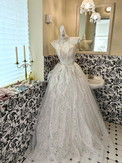 Light Grey Strapless Waist-Cinched Embroidered Beaded Luxury Vintage Romantic Dress, Wedding Gown gh7578