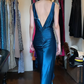 Sleeveless Peacock Blue Satin Evening Gown Deep V Front Ruched Ruffle Long Prom Dress gh9706