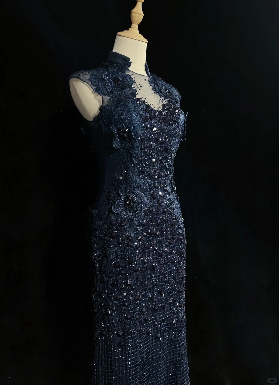 High Neck Navy Blue Mermaid Evening Gown Sleeveless Mesh 3D Floral Lace Sequined Formal Dress for Prom gh9537