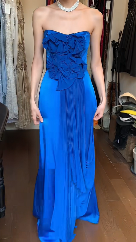 Royal Blue Strapless Prom Dress 3D Ruffle Floral Long Pleated Formal Evening Gown gh9839
