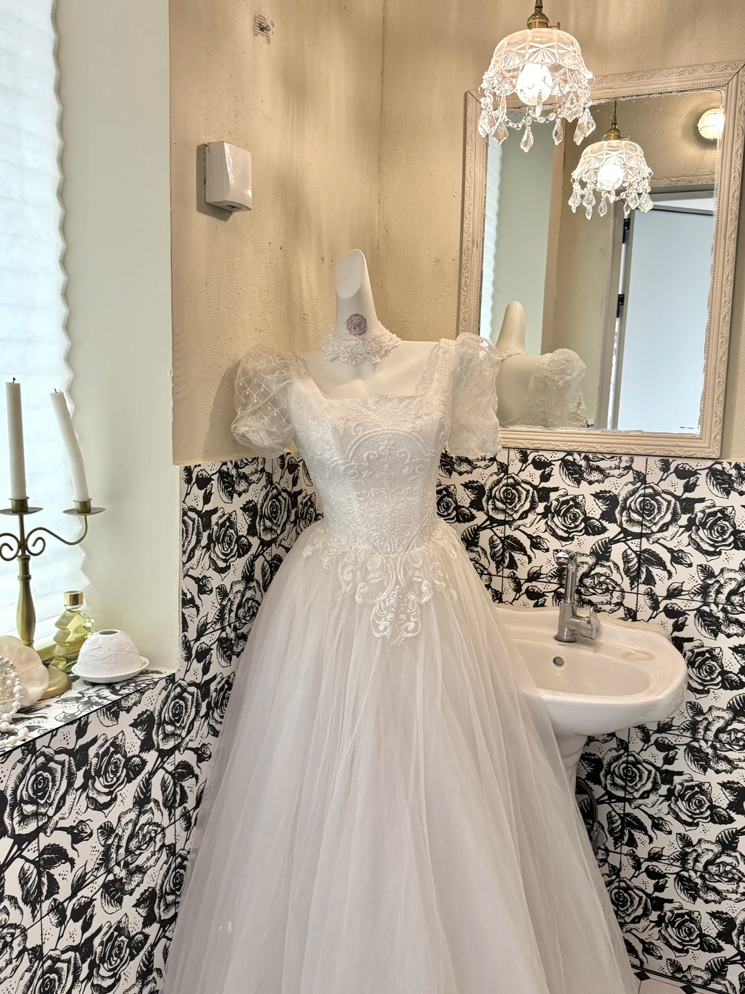 Ivory Puff Sleeve Square Neck Waist-Cinched A-Line Elegant Luxury Romantic Dress, Wedding Gown gh7709