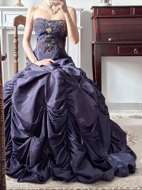 Dark‑Purple Strapless Beaded‑Rhinestone‑Embroidery Bow‑Gem Pick‑Up‑Ballgown Floor‑Length Vintage Evening Prom Gown gh8804