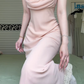 Light Pink Vintage Mermaid Evening Gown, Cap Sleeve Draped Neck Mesh Formal Dress With Lace Hem for Prom Banquet gh8953