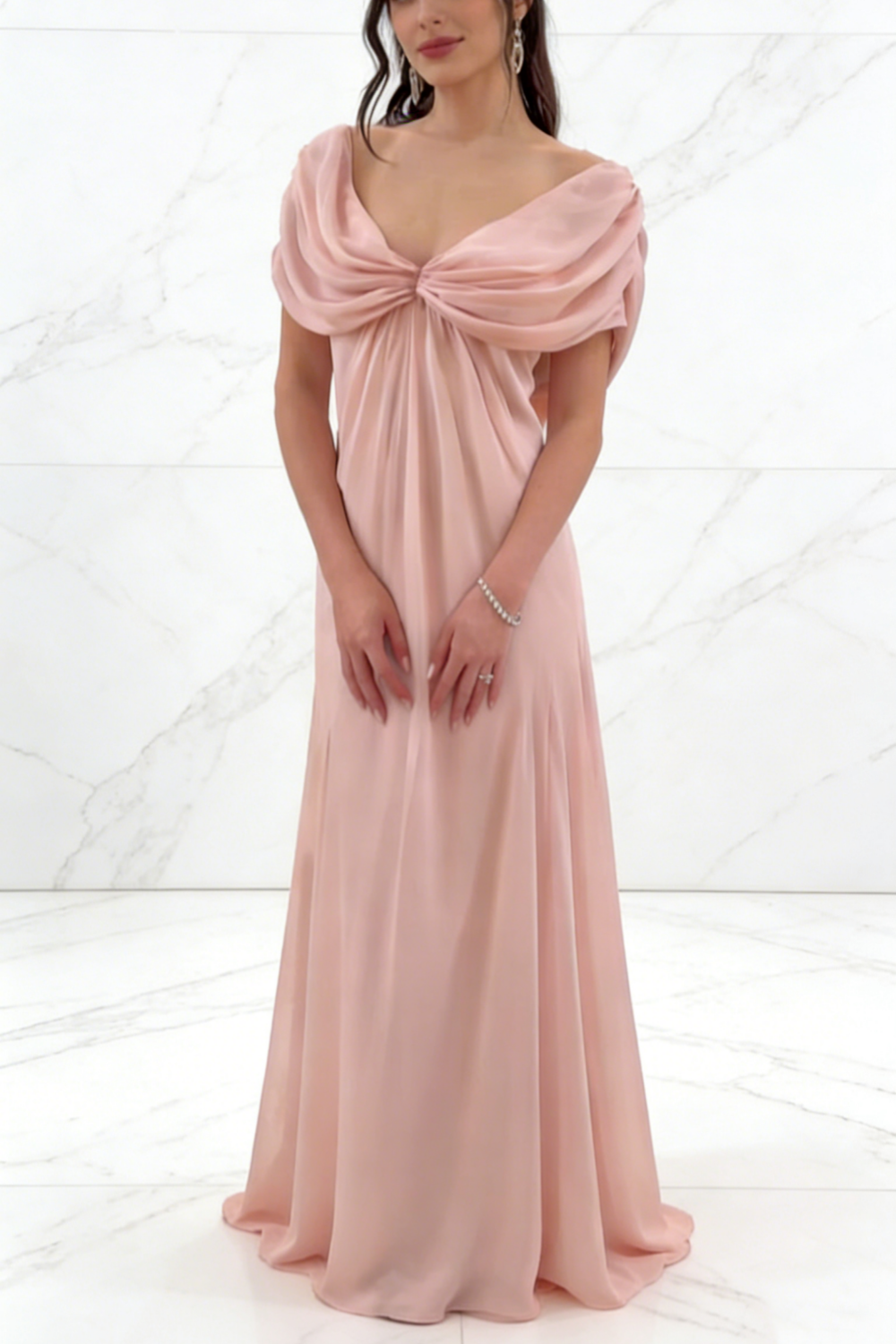 Blush Pink Chiffon Twist Neck Maxi Dress - Off-Shoulder Backless Bridesmaid/Date/Evening Gown gh6976