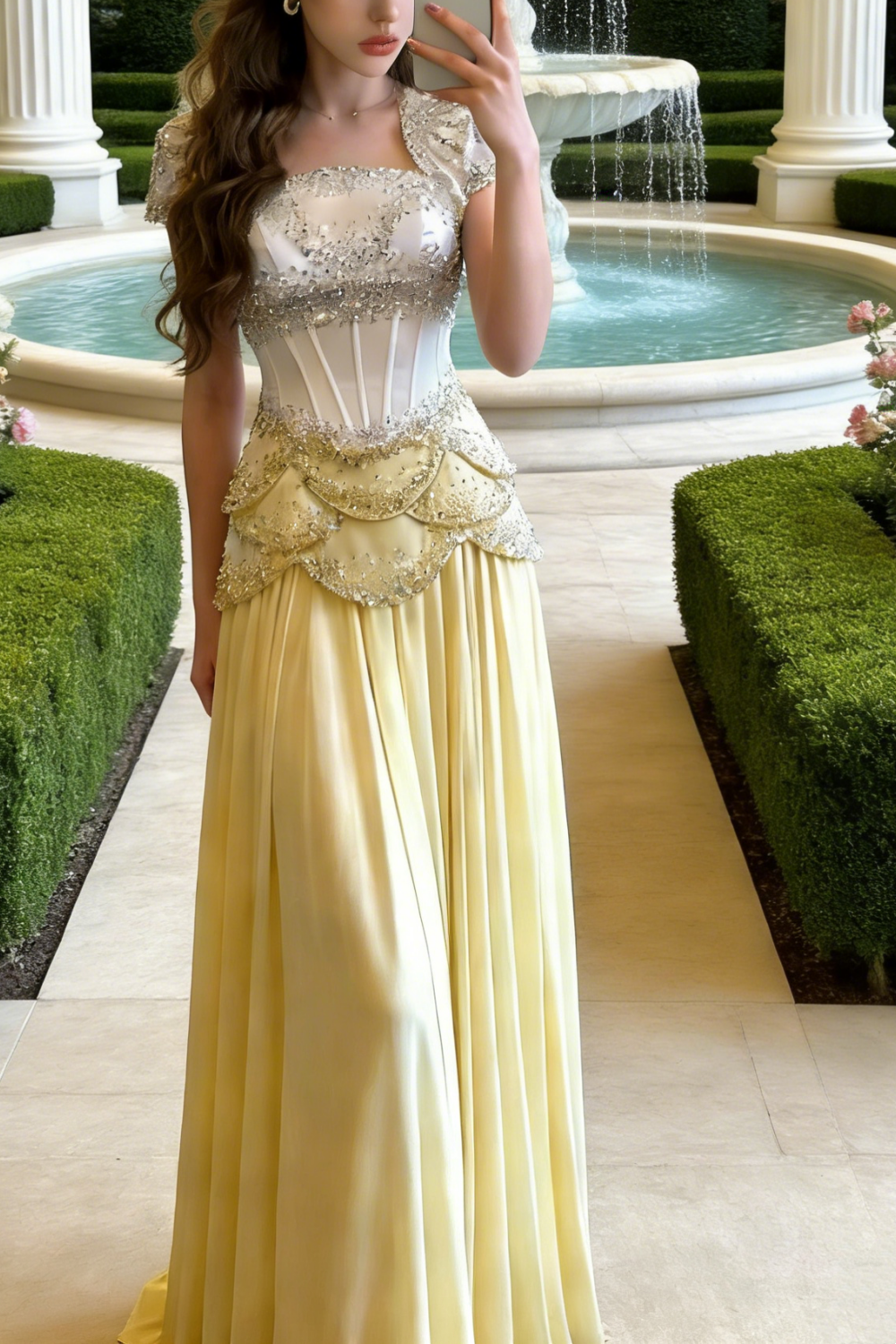 Robe de soirée style opéra, ornée de cristaux blancs et jaunes - Robe longue en satin à corset, volants et perles, style opéra gh6983