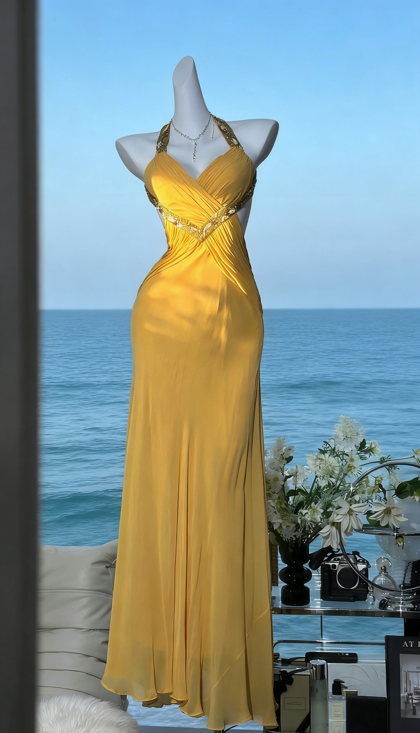 Leuchtend gelbes Satin-Neckholderkleid – Paillettenbesetztes, rückenfreies, figurbetontes Maxikleid für Abendveranstaltungen, den roten Teppich oder Sommerpartys gh6984