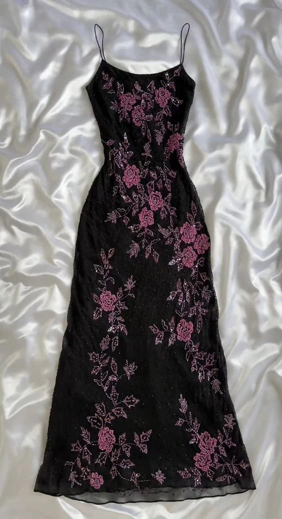 Black Retro Elegant A-line Strap Long Lace prom dress Evening Dress Birthday Party Dress gh3154