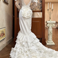 White Vintage Satin Mermaid Wedding Prom Dress, Bateau Neck Illusion Sweetheart, 3D Floral Shoulder, Single Lace Long Sleeve, Multi‑Tier Ruffled Cake Train gh8687