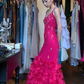 Hot Pink Spaghetti Straps U Neck Mermaid Evening Gown Hand Beaded Sequin 3D Petal Feather Long Prom Dress gh9713