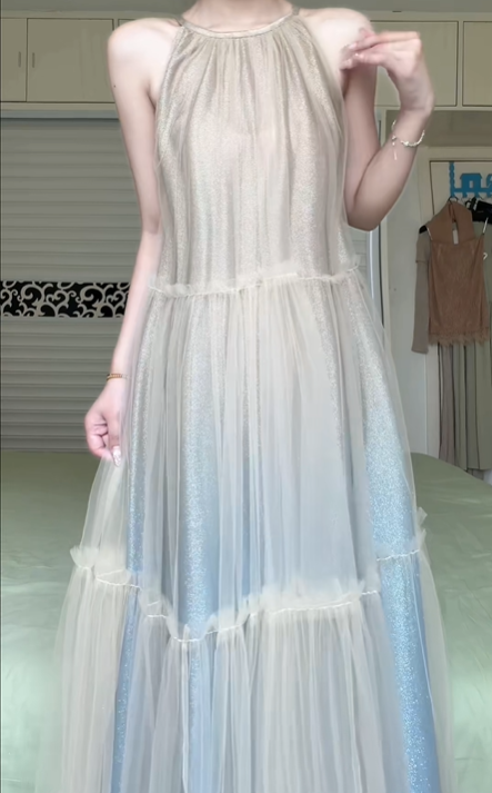 Halter Sleeveless Long Prom Gown, Champagne Tulle Formal Dress With Pearl Waistband Light Blue Glitter Lining for Party Banquet gh8952