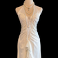 Vintage White Chiffon Halter Evening Gown, Halter V‑Neck, Ruched Twist Front, Cascading Ruffle Trim, Flowy Long Dress, Boho Bridal Prom Gown gh8904