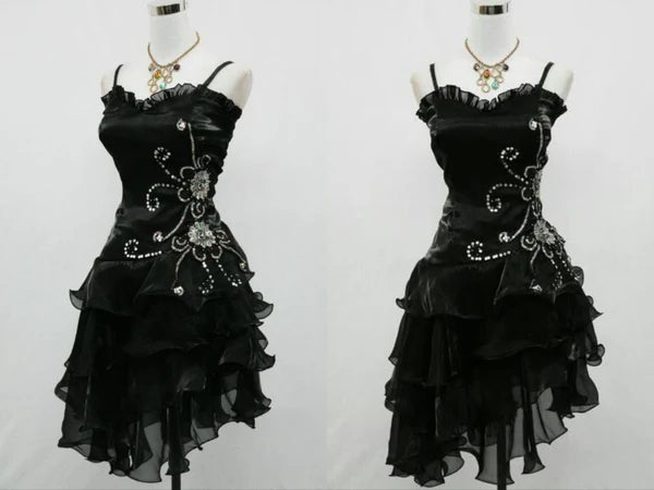 girlhomeshops – Blau/Schwarzes, zartes, geblümtes, perlenbesetztes, kurzes, gerüschtes Tüll-Heimkehrkleid gh5635