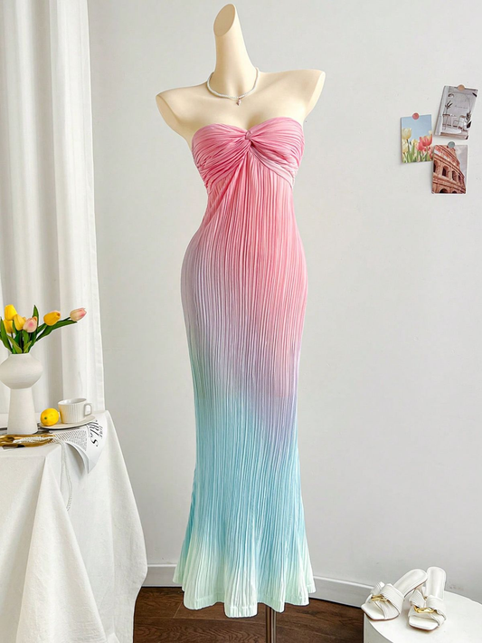 Pink Blue Gradient Strapless Waist-Cinched Sexy Slimming Evening Dress, Fairy Gown, Romantic Gown gh7445
